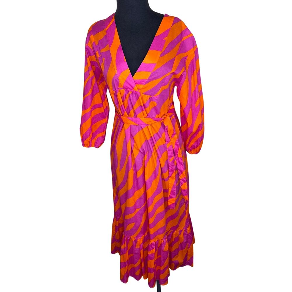 Vilagallo Fabrizia Zebra Print Dress Pink Orange Belted Midi Loose Small EU36
